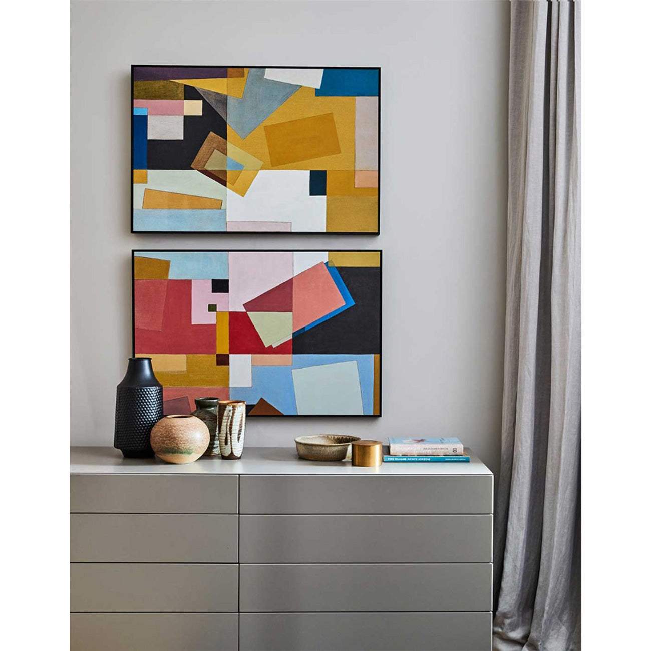 Medium red abstract wall art above sofa in modern living room