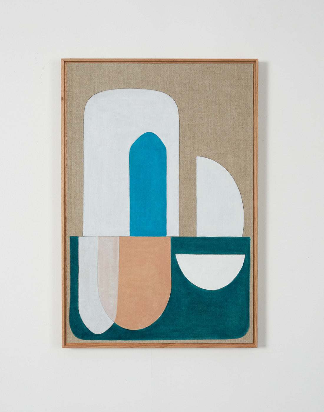 A framed Giclee print featuring geometric arches with blue and beige tones on a white background, set in a simple frame.