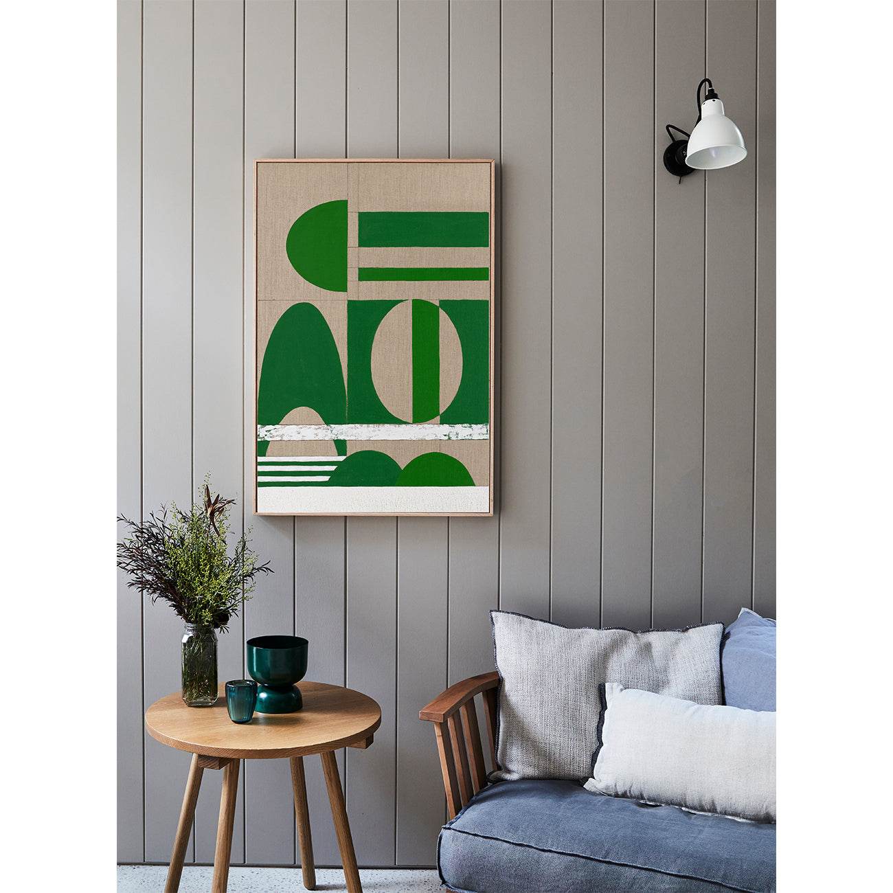 Apple Green Stucco artwork framed in raw oak on a wall