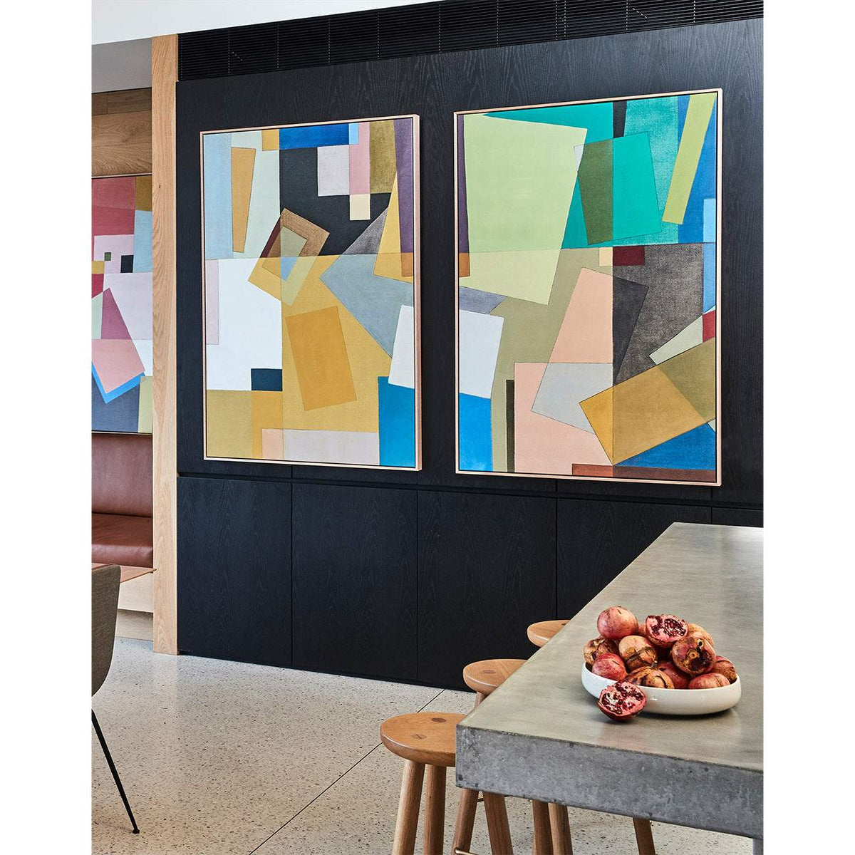 Colour Play Green - Giclee print artwork alongside Colour Play Yellow artwork framed in raw oak on black lounge wall