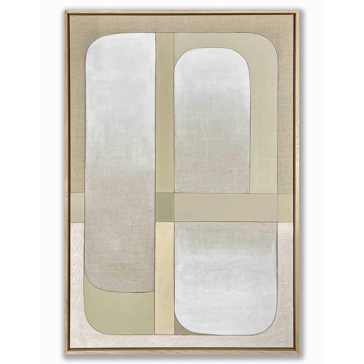Abstract art piece with geometric shapes in neutral colors on a white background