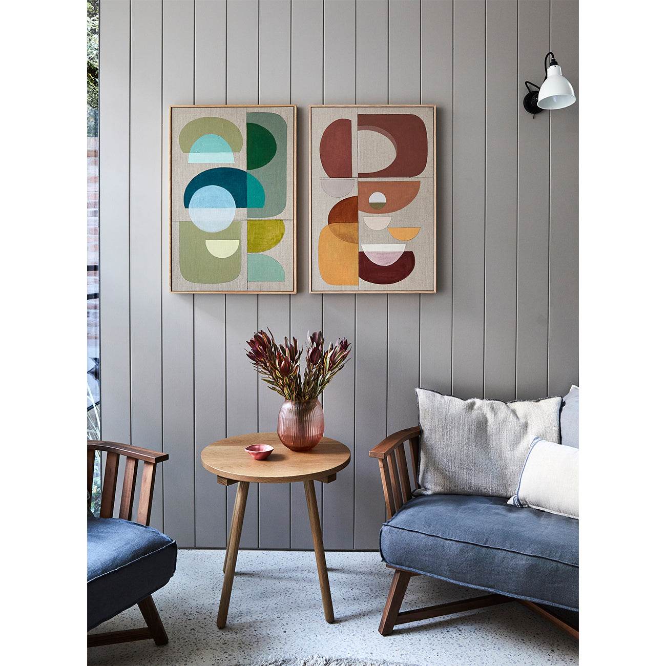 Abstract artwork on wall in lounge setting