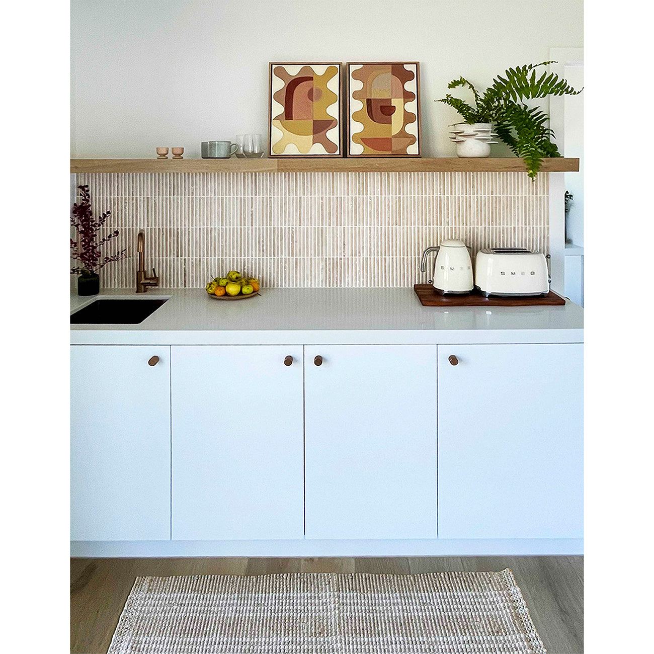 Wavy Blush - Giclee print artwork framed in a kitchen setting