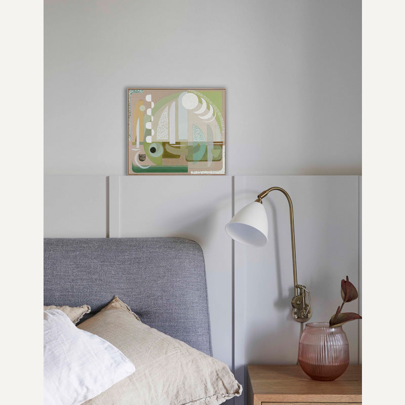 Zeus abstract wall art print small framed, displayed on white shelving with ceramics and sculptural objects