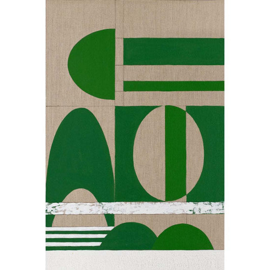 A section of an unframed Giclee print with apple green geometric shapes on a beige background, showcasing thick white textured impasto paint.