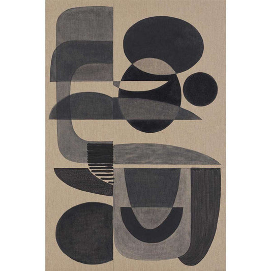 A charcoal gray abstract geometric artwork on canvas with overlapping circles and curved shapes.
