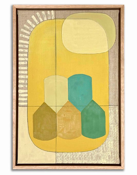 Abstract art piece with geometric shapes in yellow, green, and teal on a textured background.