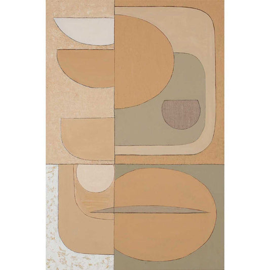 An abstract geometric giclée print with beige, brown, and white tones on a canvas.