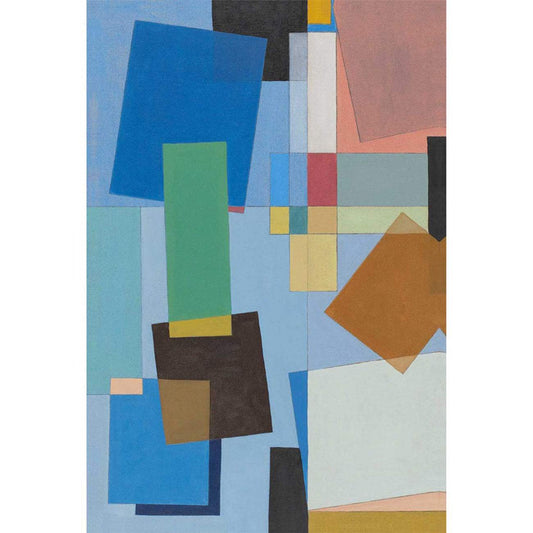 A unframed Giclee print featuring a contemporary geometric design with a variety of colors including blue, brown, green, and yellow on a white background.