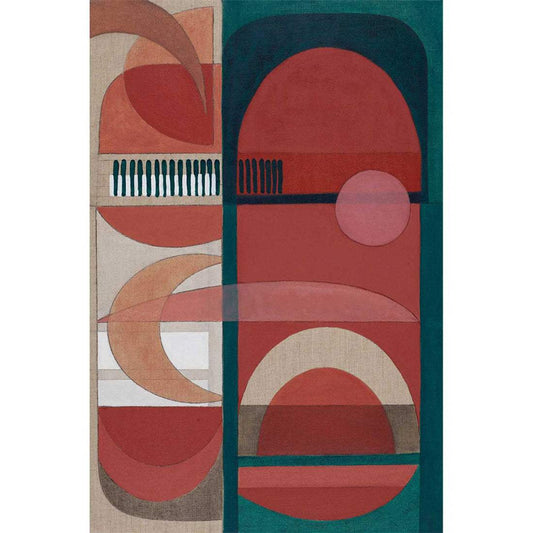 A abstract wall art print with geometric shapes in various colors including red, blue, pink, and white, with a linen texture.