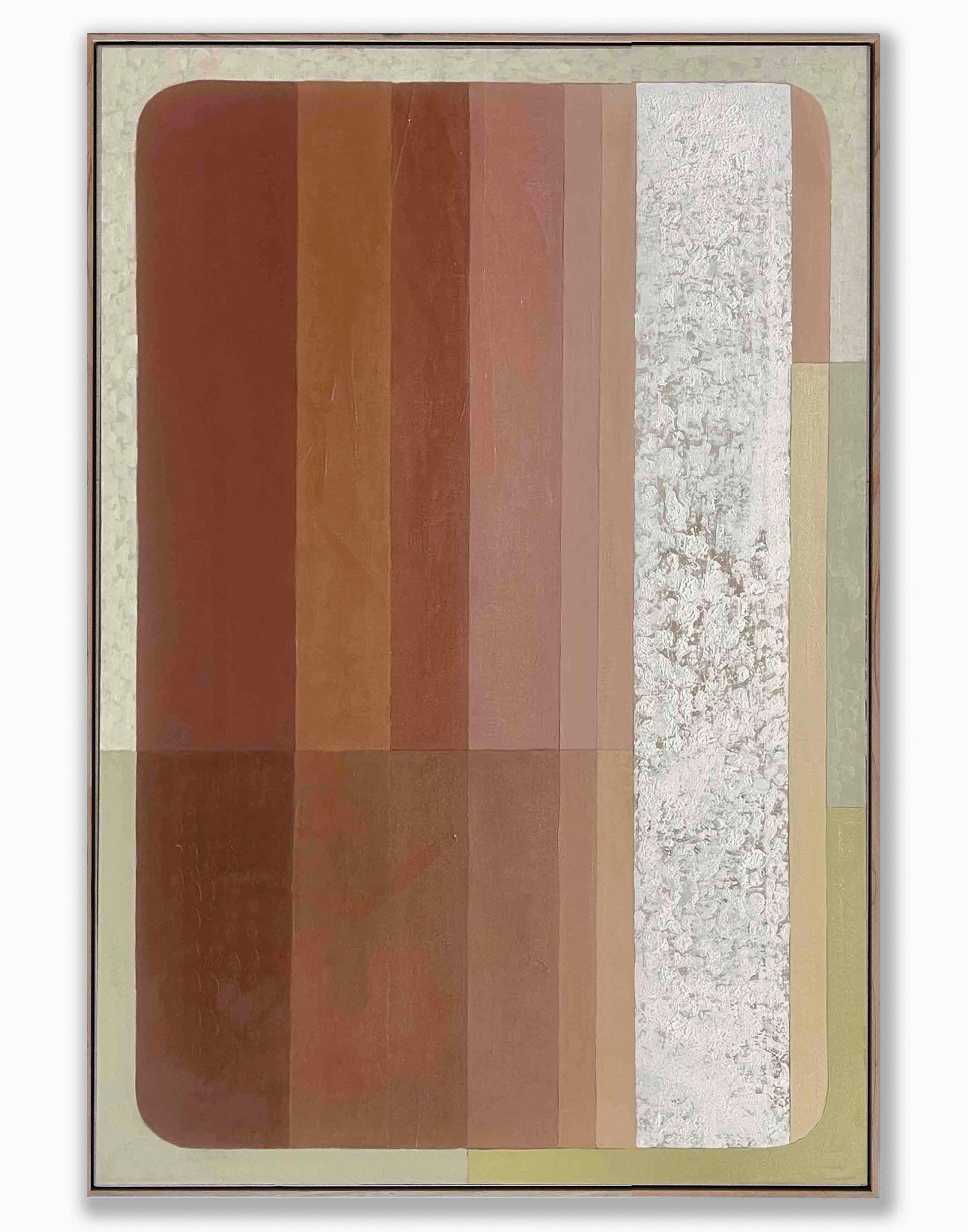 Studio Elwood “Crimson Rust Ombre” — abstract landscape-inspired artwork featuring warm layered colour fields in terracotta and sand hues, showcasing texture and organic form on natural linen.