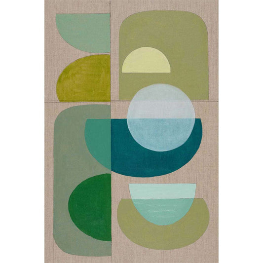 A sectioned wall art print with geometric shapes in green and blue on a neutral background.
