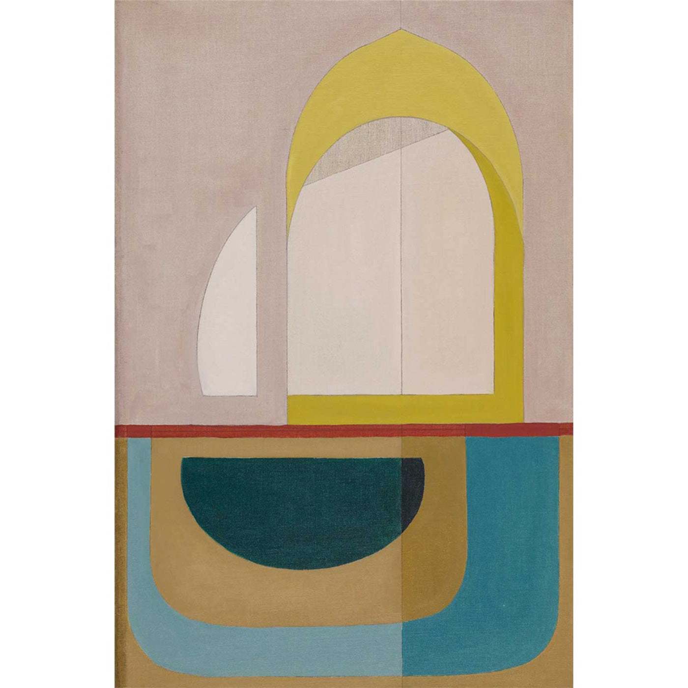 An abstract wall art print featuring a pointed arch design with warm and cool tones on a beige background, with a pointed arch entryway.