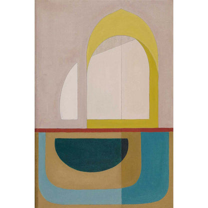 An abstract wall art print featuring a pointed arch design with warm and cool tones on a beige background, with a pointed arch entryway.