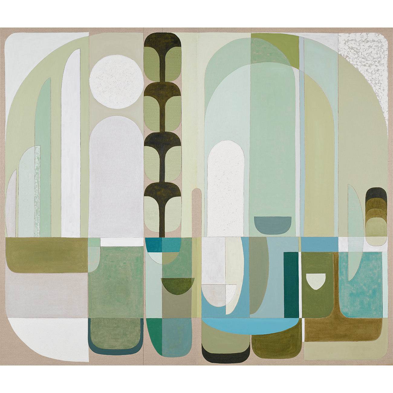 A diptych abstract wall art print with geometric shapes in various shades of green and white, influenced by Art Deco style.