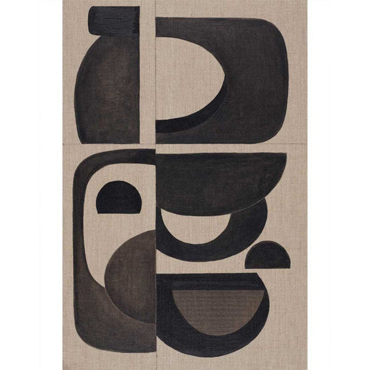 Abstract wall art print featuring modern black geometric shapes on a beige background, with a 'Golden mean' ratio composition.