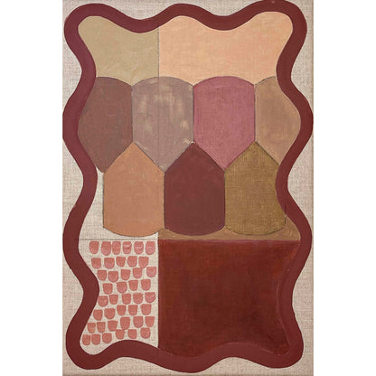 Abstract geometric artwork in earthy tones of terracotta, blush, and ochre, featuring layered shapes bordered by a flowing maroon line on a natural linen background.