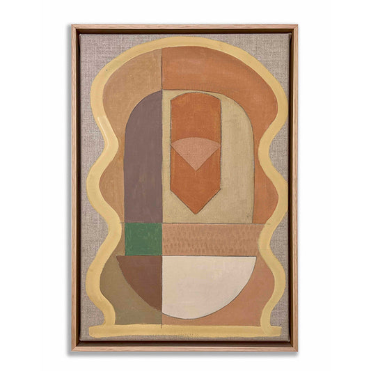 Abstract art piece with geometric shapes in earth tones on a textured background