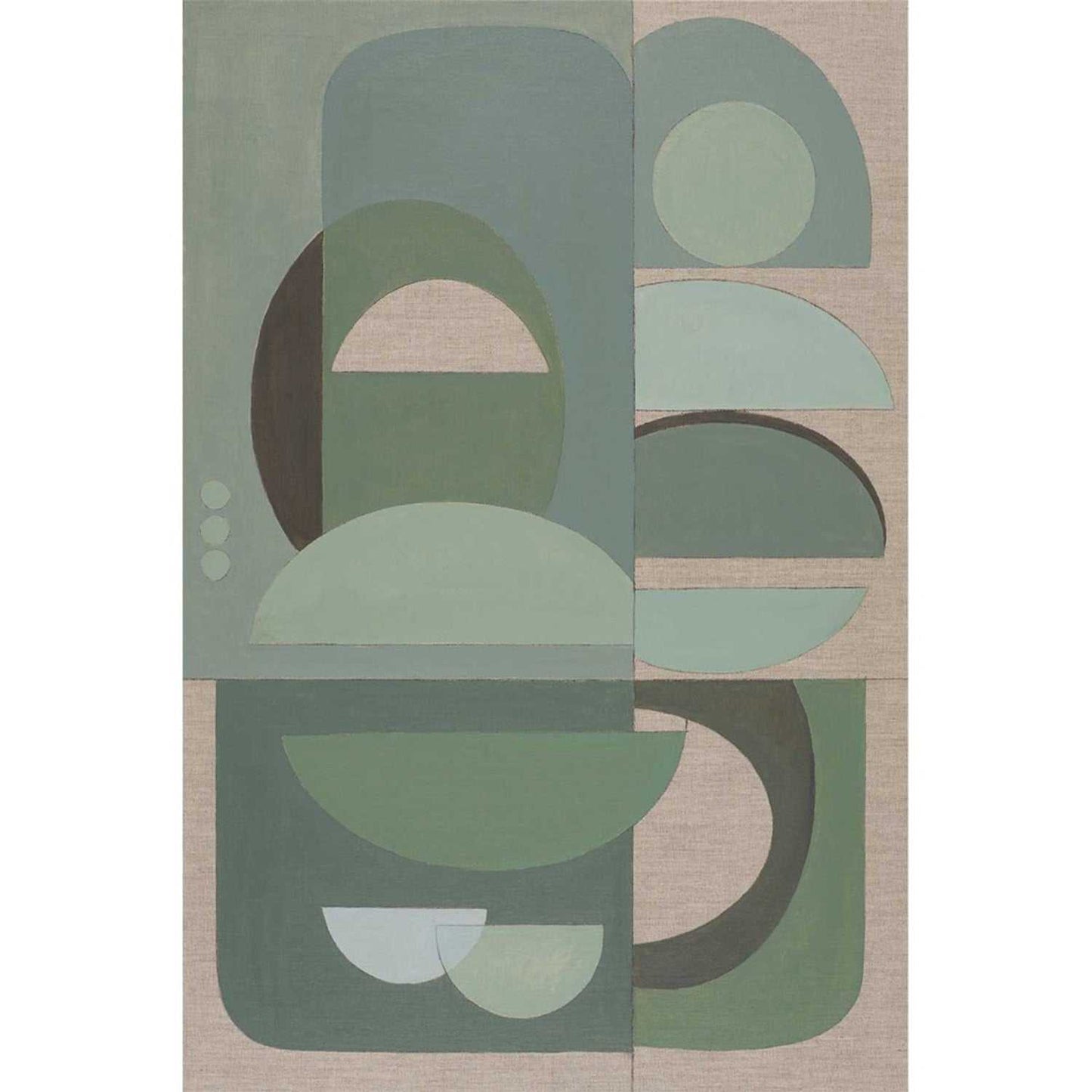 An abstract wall art print featuring layers of rounded geometric shapes in various shades of green on a linen background.