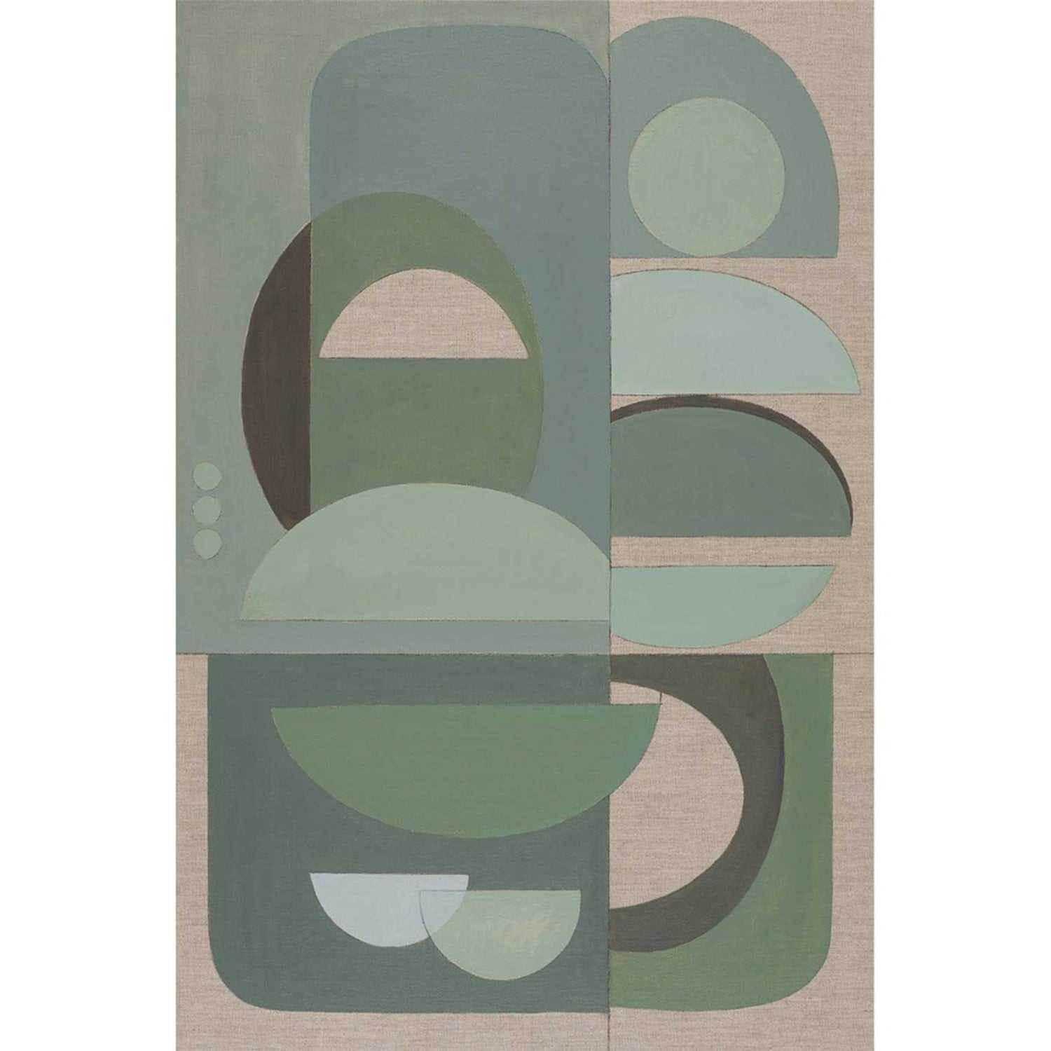 An abstract wall art print featuring layers of rounded geometric shapes in various shades of green on a linen background.
