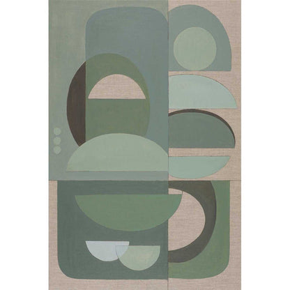 An abstract wall art print featuring layers of rounded geometric shapes in various shades of green on a linen background.