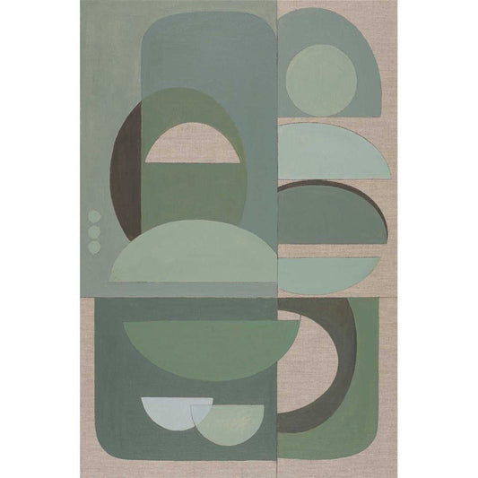 An abstract wall art print featuring layers of rounded geometric shapes in various shades of green on a linen background.