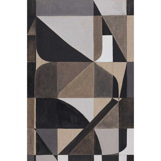 A contemporary monochromatic artwork featuring geometric divisions in black, white, and gray hues with a shiny silver effect.