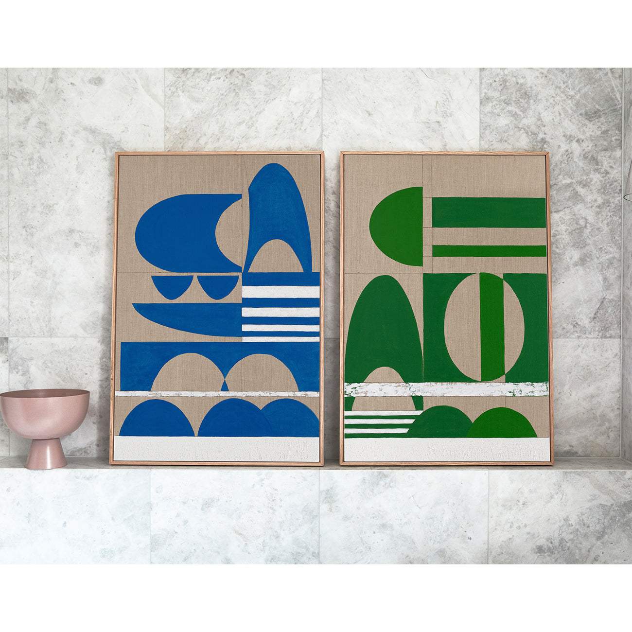 Greek Blue Stucco and Green Stucco - Giclee print artwork framed in raw oak on a marble mantle