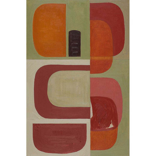 An abstract Giclee print featuring geometric shapes in Indian red and olive greens on a protective layer.