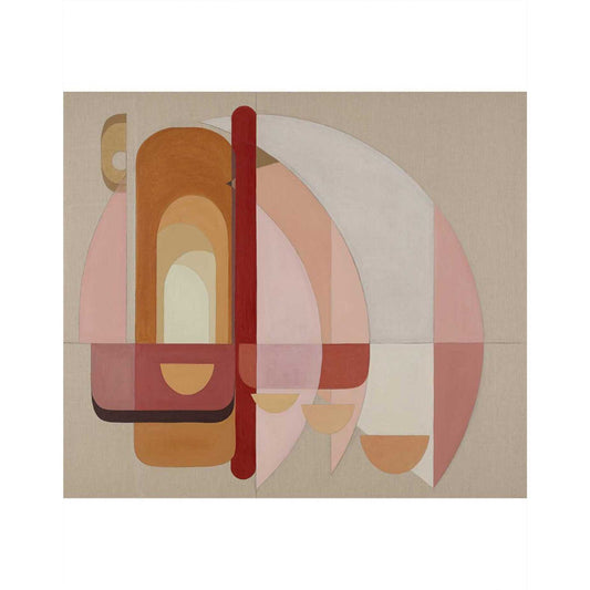 An abstract giclee print featuring arcing geometric forms with a warm color palette on a beige background, crafted on Italian linen.