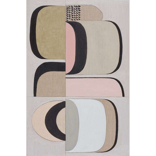 An abstract geometric artwork featuring shades of pink, peach, black, and gray on a neutral gray background, with a minimalistic design.