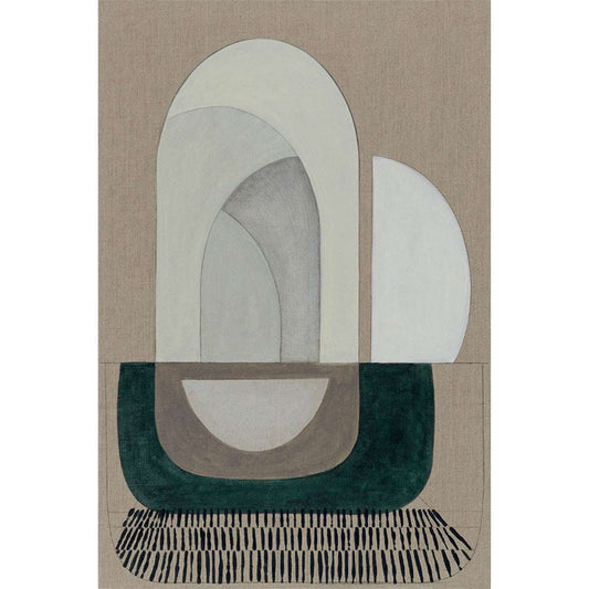 An unframed Giclee print featuring a minimalist artwork with interconnecting arches in varying shades of gray and green on a beige background.