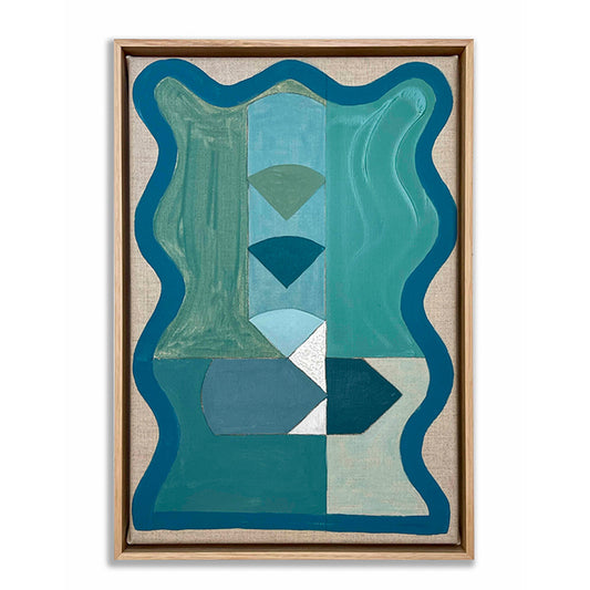 Abstract art piece with geometric shapes in blue and green on a beige background