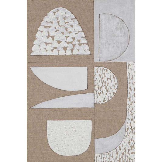 A geometric giclee print with various shapes including a triangle, circle, and rectangle, predominantly in white colors with a textured finish on a linen background.